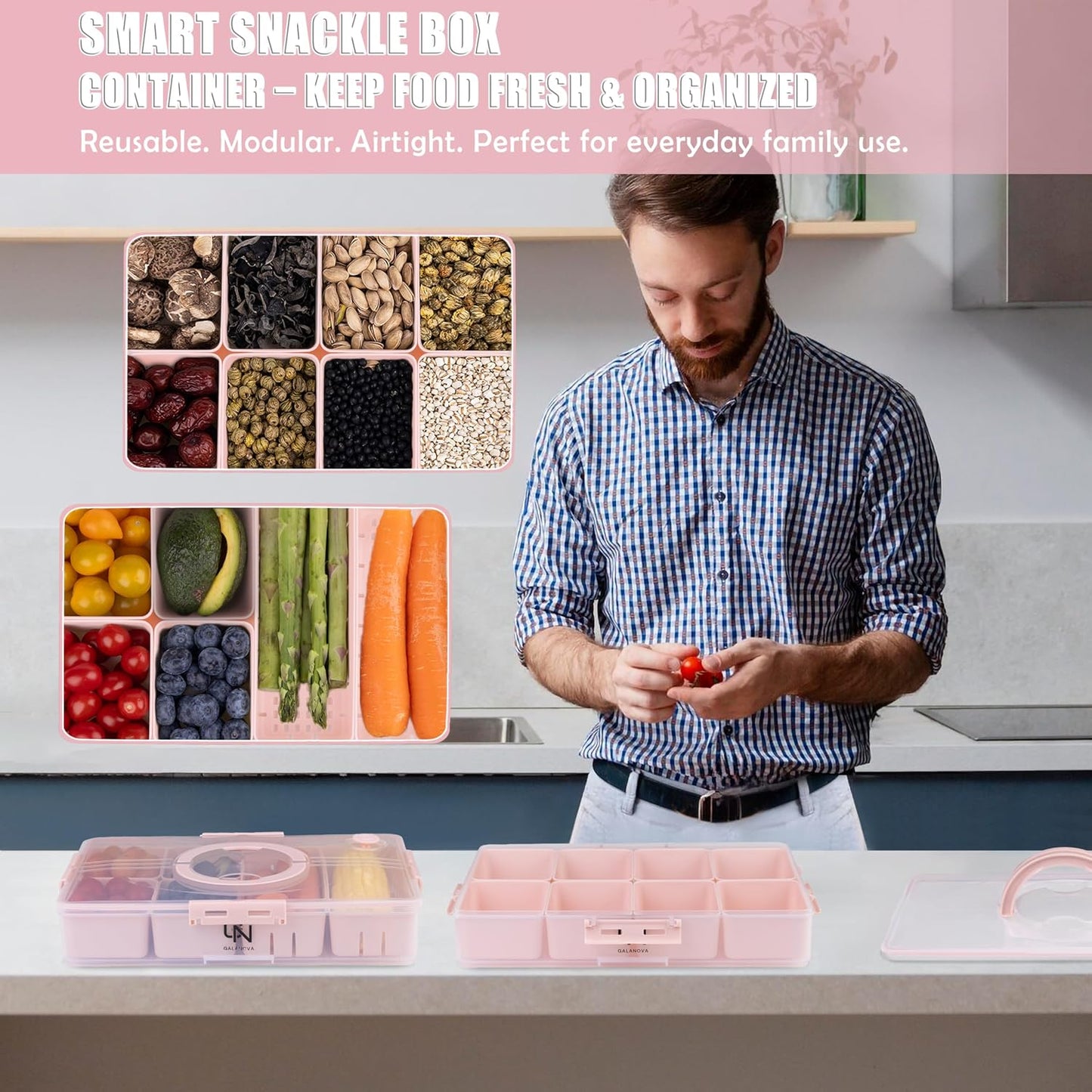 Snackle Box Container - 10 Compartments Including 2 XL, Dishwasher & Microwave Safe, Divided Serving Tray with Lid and Handle, BPA-Free, snack box (1 PCS, White, 1 Box with 2 XL Compartments)