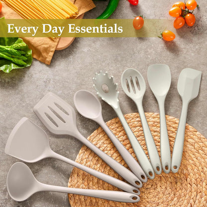 LIANYU Non-Toxic Silicone Kitchen Utensils Set, 8 Piece Non-Scratch Cooking Spoons & Spatulas, Stainless Steel Core, Heat Resistant & Dishwasher Safe, Khaki