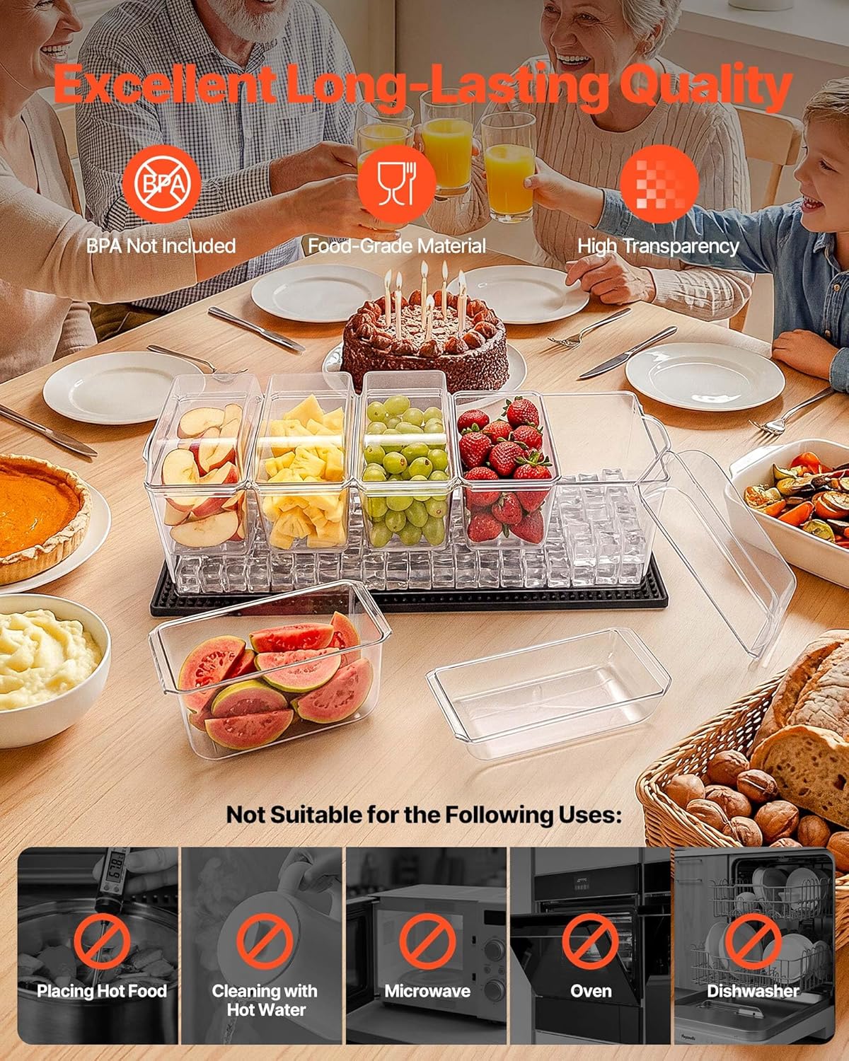 VEVOR Chilled Condiment Server Caddy, 5 Compartment Ice Cooled Serving Container, Plastic Fruit Garnish Tray Platter with Lid, for Taco Salad Bar Accessories, Party Home Restaurant Supplies
