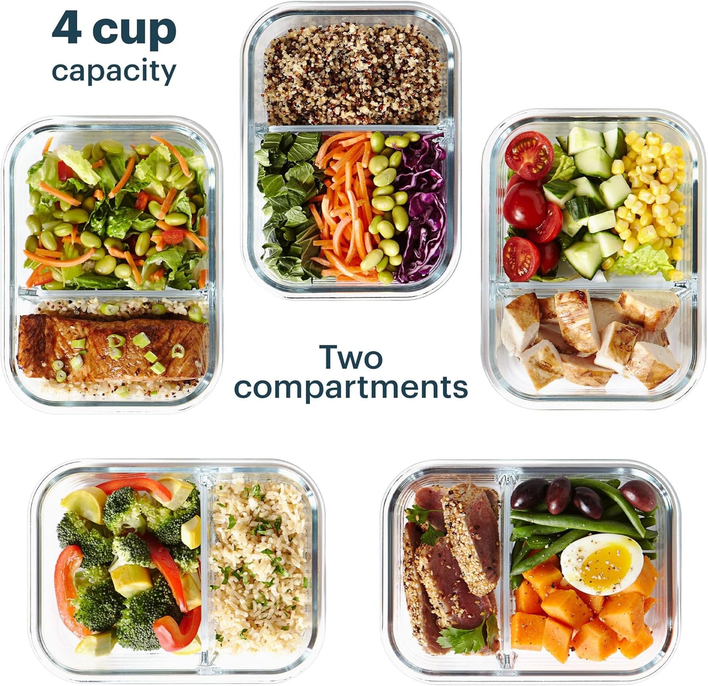 Pyrex Glass Meal Box (5-Pack, 2.3 Cup) Divided Compartments with Locking Lids, For Meal Prepping and Portioning, BPA Free Microwave Dishwasher Safe