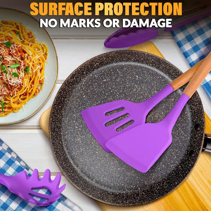 12 Pcs Purple Kitchen Utensils Set with Holder for Nonstick Cookware - Silicone Cooking Utensils Set, Kitchen Tools for Daily Cooking - Wooden Handle Cooking Tools for Baking Serving and Mixing Tasks