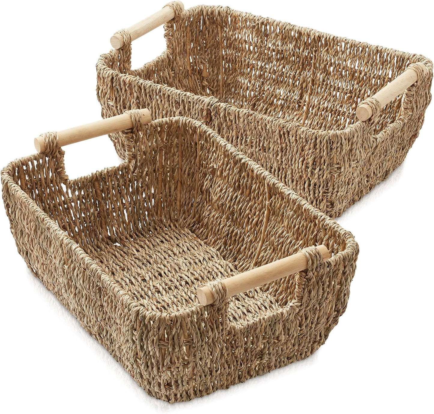 Casafield Set of 2 Water Hyacinth Oval Storage Baskets with Wooden Handles - Medium, Woven Bin Organizers