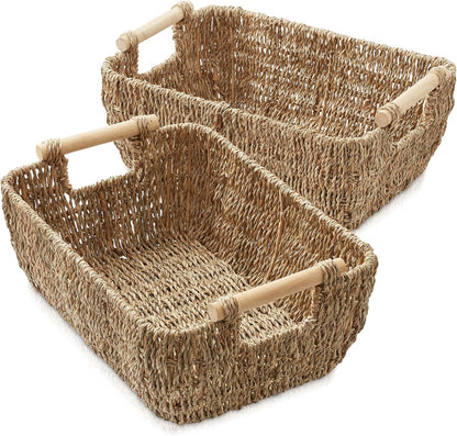 Casafield Set of 2 Water Hyacinth Oval Storage Baskets with Wooden Handles - Medium, Woven Bin Organizers