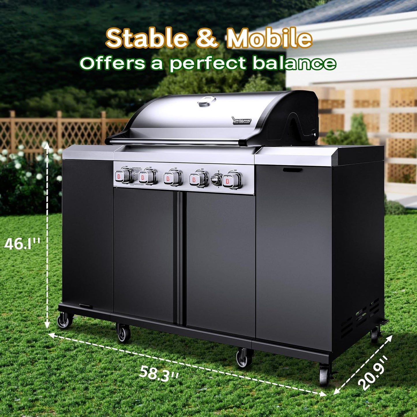 Brand-Man 4-Burner Gas Outdoor Kitchen Grill Island with Side Burner - 44,000 BTU Stainless Steel BBQ Grill Station with Storage Cabinets, Fold-out Prep Table, LPG/NG Convertible, Black