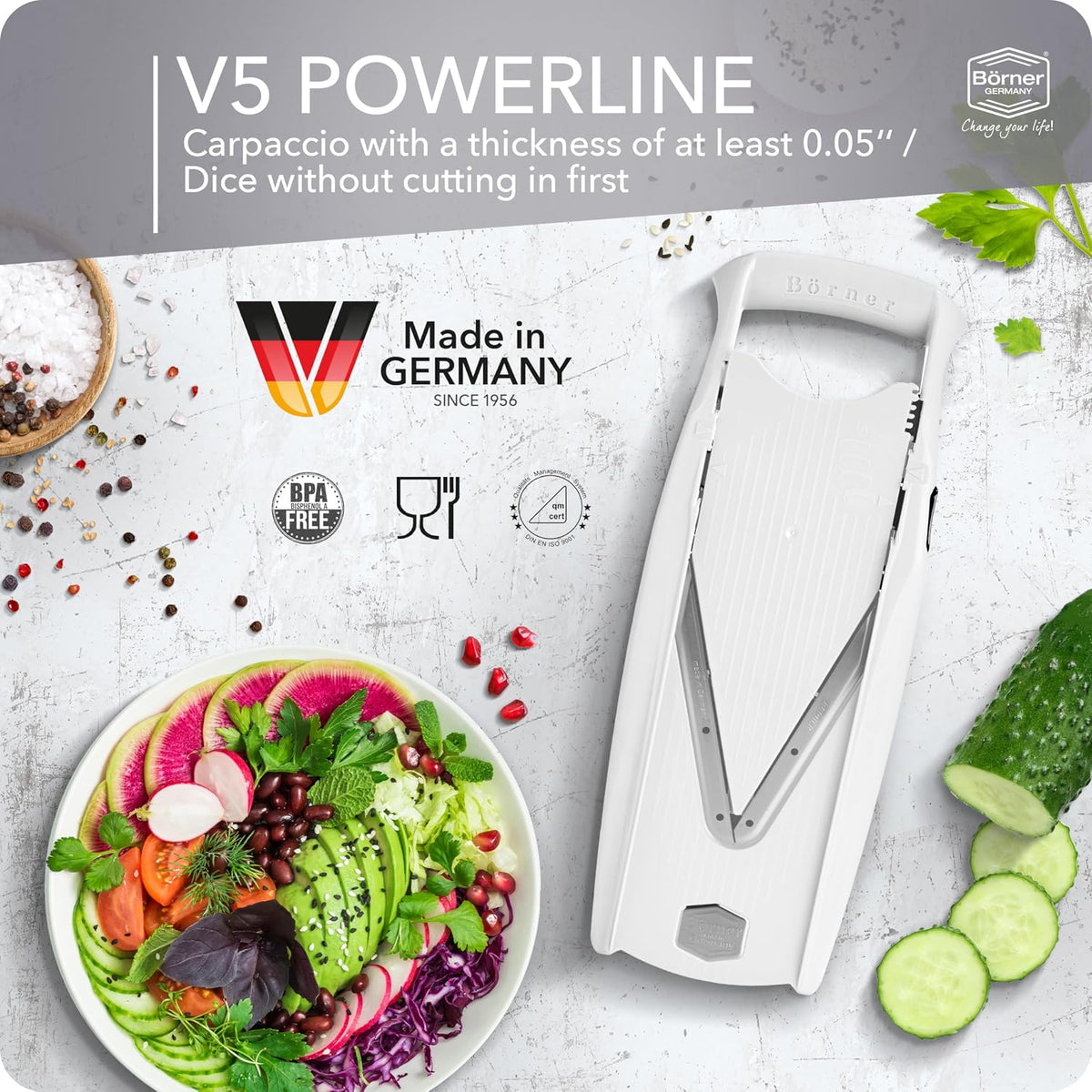 Börner Mandoline Slicer V5 (Basic Set) • Vegetable V-Slicer for Slices in 4 Thickness Settings • Stainless Steel V-Blade • Adjustable Kitchen Slicer for Vegetables & Fruits • Color: Green