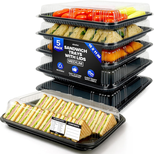6 Pack Catering Trays with Lids – 13" Serving Tray with Lid, Heavy Duty Recyclable Plastic Party Platters for Catering, Buffet, Picnics & Events – Food Trays with Clear Lid (13.39 × 9.84 × 2.95 inch)