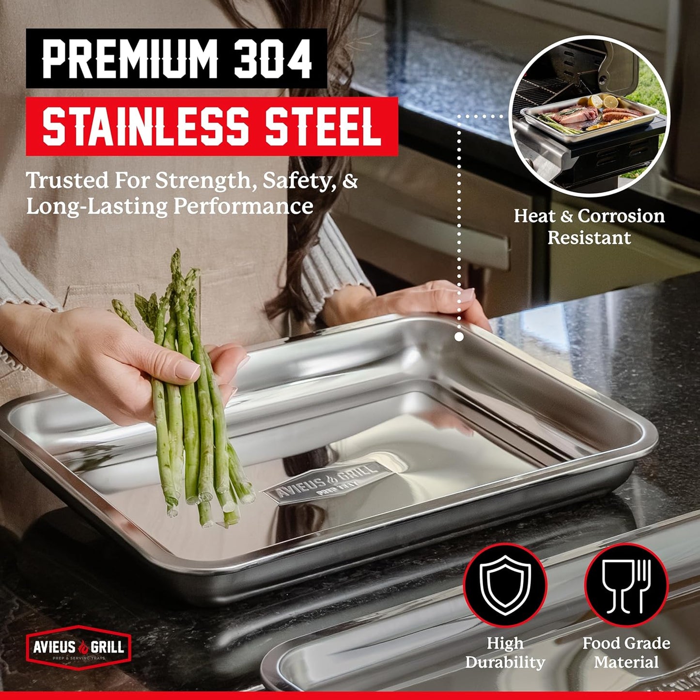 AVIEUS Grill Prep and Serve Trays | Set of 2 Stackable, Melamine Trays | Serving Tray & Marinating Tray | Serving Platter for Plating Food & BBQ Prep Tub for Marinating Meats | Grill Accessories |