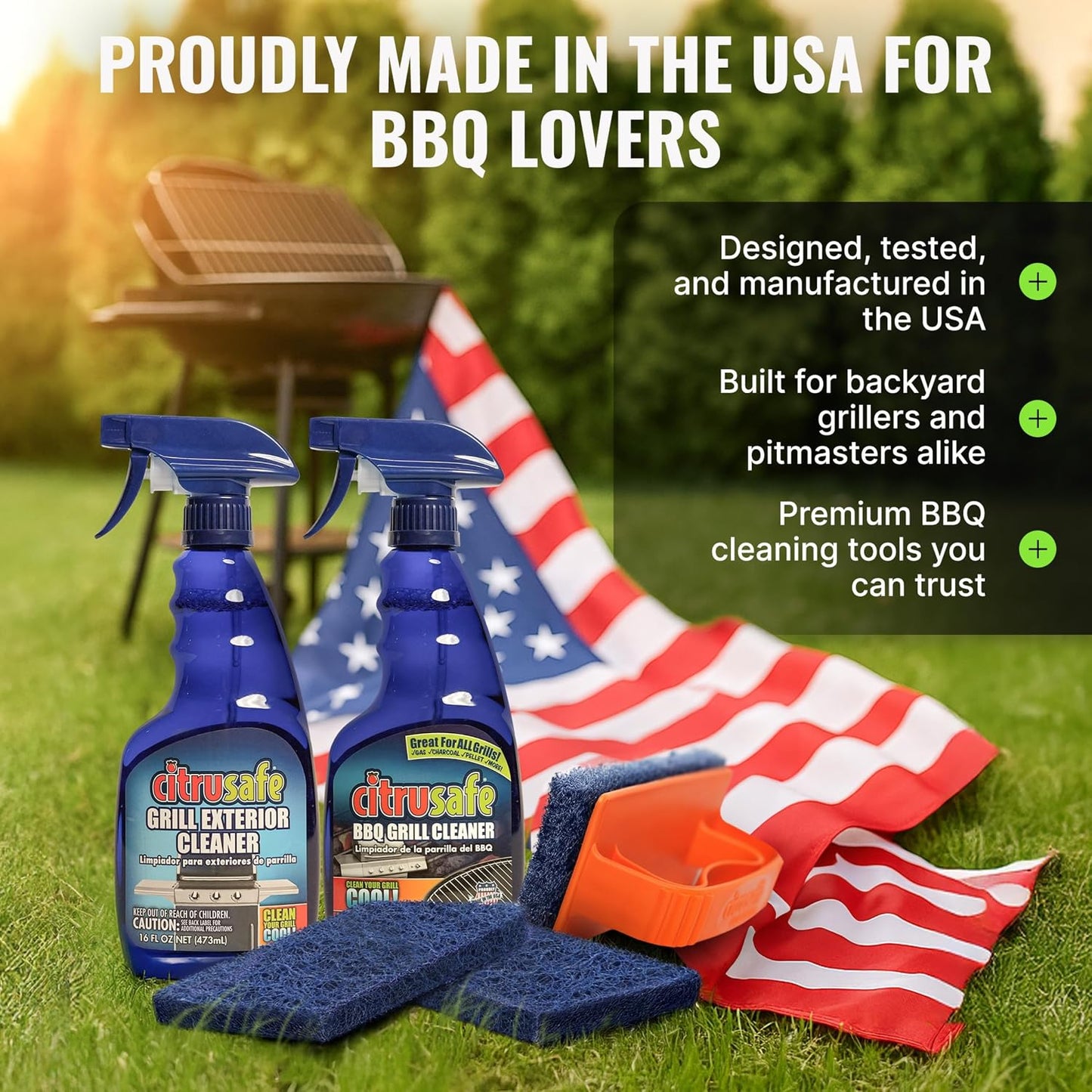 Citrusafe Grill Care Kit - BBQ Grid and Grill Grate Cleanser, Exterior Cleaner, and Scrubber by Citrusafe (16 oz Each)