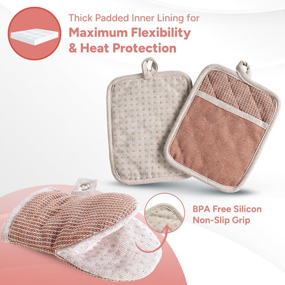 Casa Platino Potholders for Kitchens, 8-Piece – 500°F Heat Resistant Oven Mitts and Pot Holders, Mini Oven Mitt with Silicone Grip, 2 Kitchen Towels & 2 Dish Cloths – Durable & Non-Slip – Canyon Rose