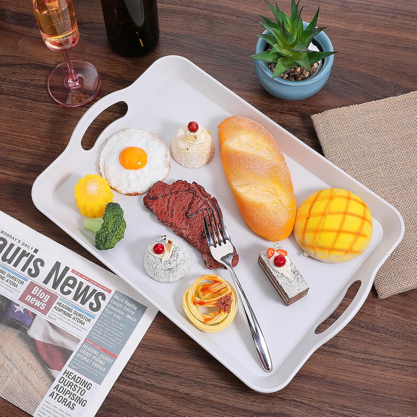 Set of 2 Large White Melamine Serving Tray with Handles, Rectangular Outdoor Dinner Tray Plastic Fruit Serving Platters Trays for Eating, Appetizer, Charcuterie, Snack, Fruit, Desserts, Food Parties