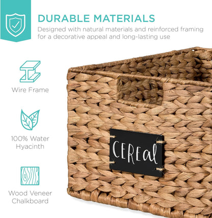 Best Choice Products Set of 4 9x12in Water Hyacinth Pantry Baskets, Woven Organizers w/Chalkboard Label, Chalk Marker - Natural