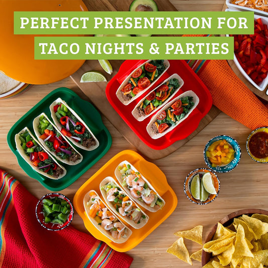 Taco Shell Holder (3 Pack), Silicone Taco Holder for 3 Tacos, Reusable Plates with Dividers, Flexible Soft Tray, Dishwasher & Microwave Safe