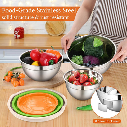 LIANYU Mixing Bowls with Airtight Lids Sets, 3 Packs Stainless Steel Metal Mixing Bowls, Ideal for Prepping, Cooking, Storage, Serving, Freezer & Dishwasher Safe, Khaki