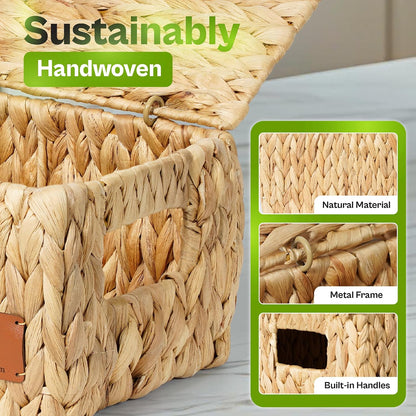 Storage Baskets for Shelves Set of 3, Open-Top Wicker Storage Bins with Handles, Shelf Organizer Baskets for Pantry, Closet & Bathroom, Water Hyacinth Baskets with Tissue Box Cover