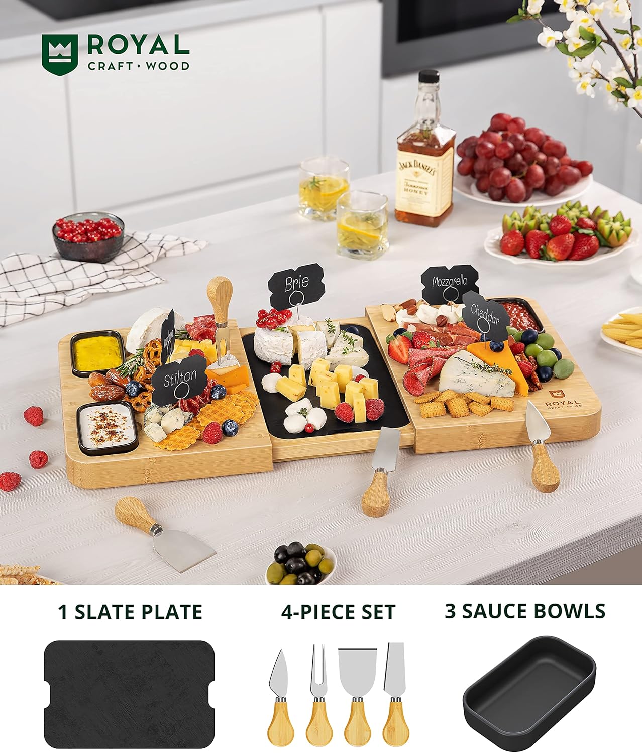 ROYAL CRAFT WOOD Premium Bamboo Charcuterie Board Set - Cheese Platter & Serving Tray & Serving Utensils - Perfect Housewarming Gift, Wedding, Bridal Shower Gift - Ideal for Entertaining and New Home