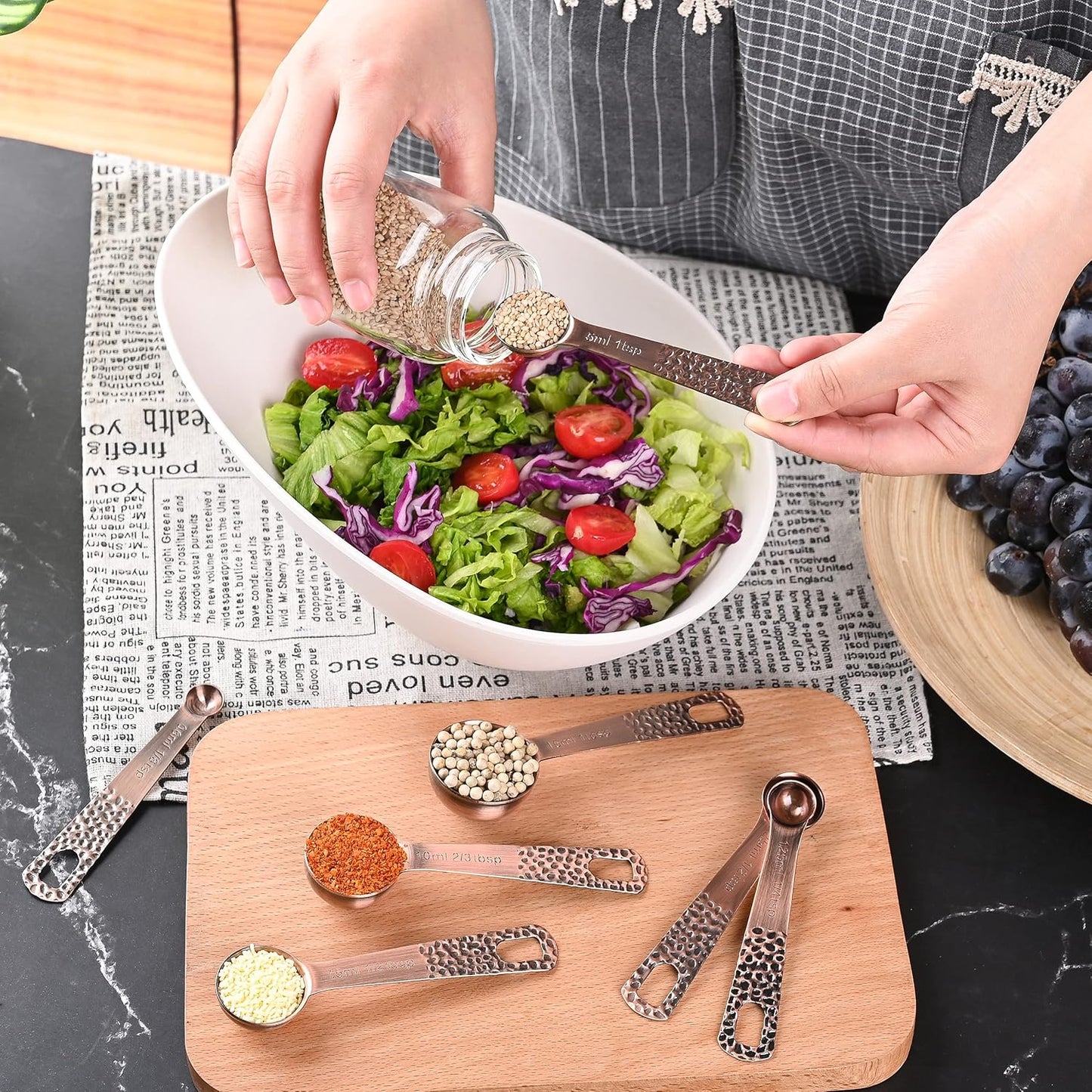 Copper Measuring Cups and Spoons Set 14, Stainless Steel Measuring Cups and Spoons set, Metal 6 Measure Cup and 7 Measure Spoon with 1 Leveler for Kitchen & Baking