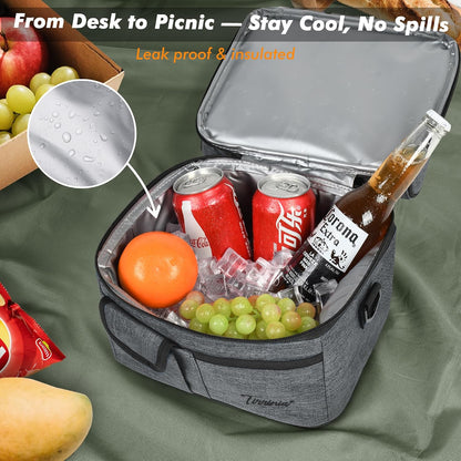 Tirrinia Reusable Lunch Box for Men Women, Insulated Lunch Bag Adult Work, Double Decker Leakproof Lunchbox for Office Picnic Beach—Dual Compartment Lunch Cooler Bag