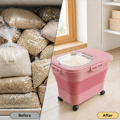 Rice Storage Container Collapsible 20-28 Lbs Food Storage Container with Rolling Wheels and Clear Airtight Lid. BPA Free Flour for Storing Rice, Flour, and Cat Dog Food Storage Container (Pink)