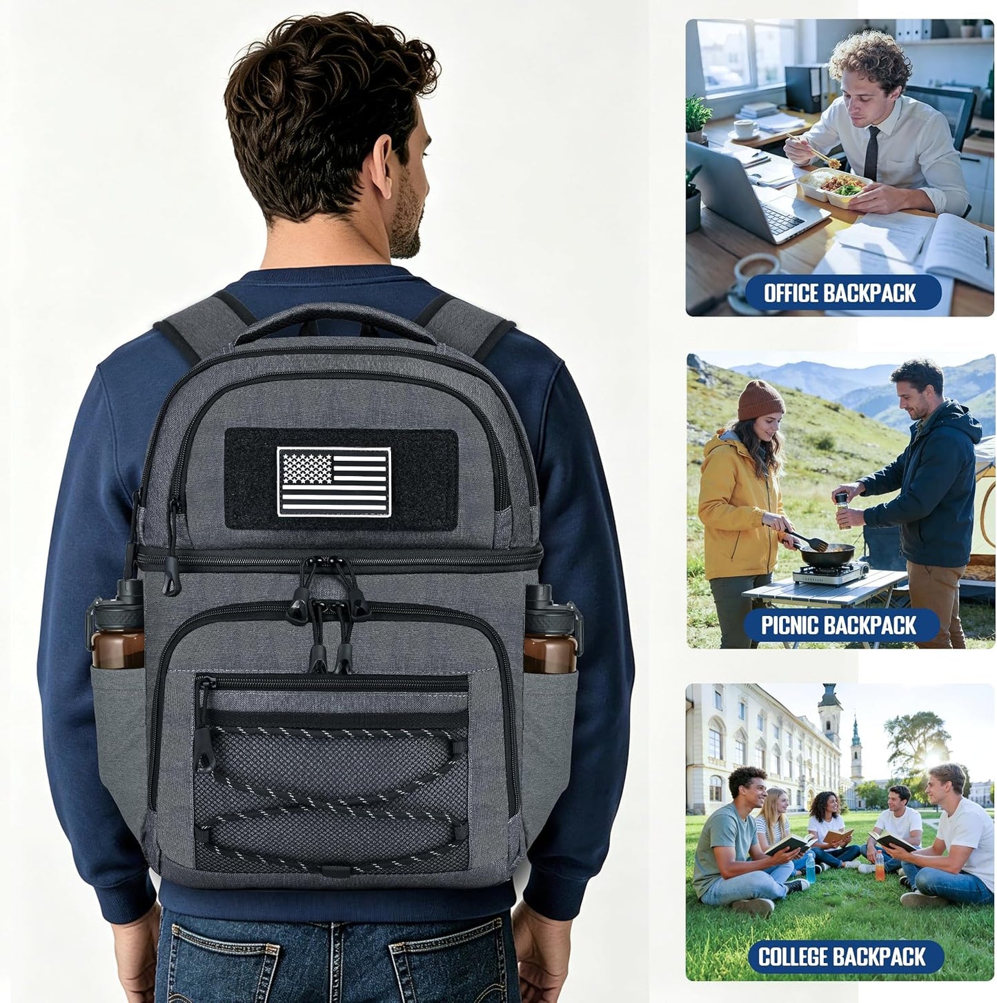MOZETO Lunch Cooler Backpack Double Deck Lunch Box Backpack Insulated Leakproof Compartments Coolers Bag for Beach Travel Picnic Lunch Hiking BBQ Camping