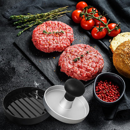 Burger Press Patty Maker Stainless Steel Hamburger Patty Press Mold Wood Handle Non-Stick with 100 Patty Papers,BBQs, and Cooking – Perfect for Flattening Patties and Searing Juicy Burgers
