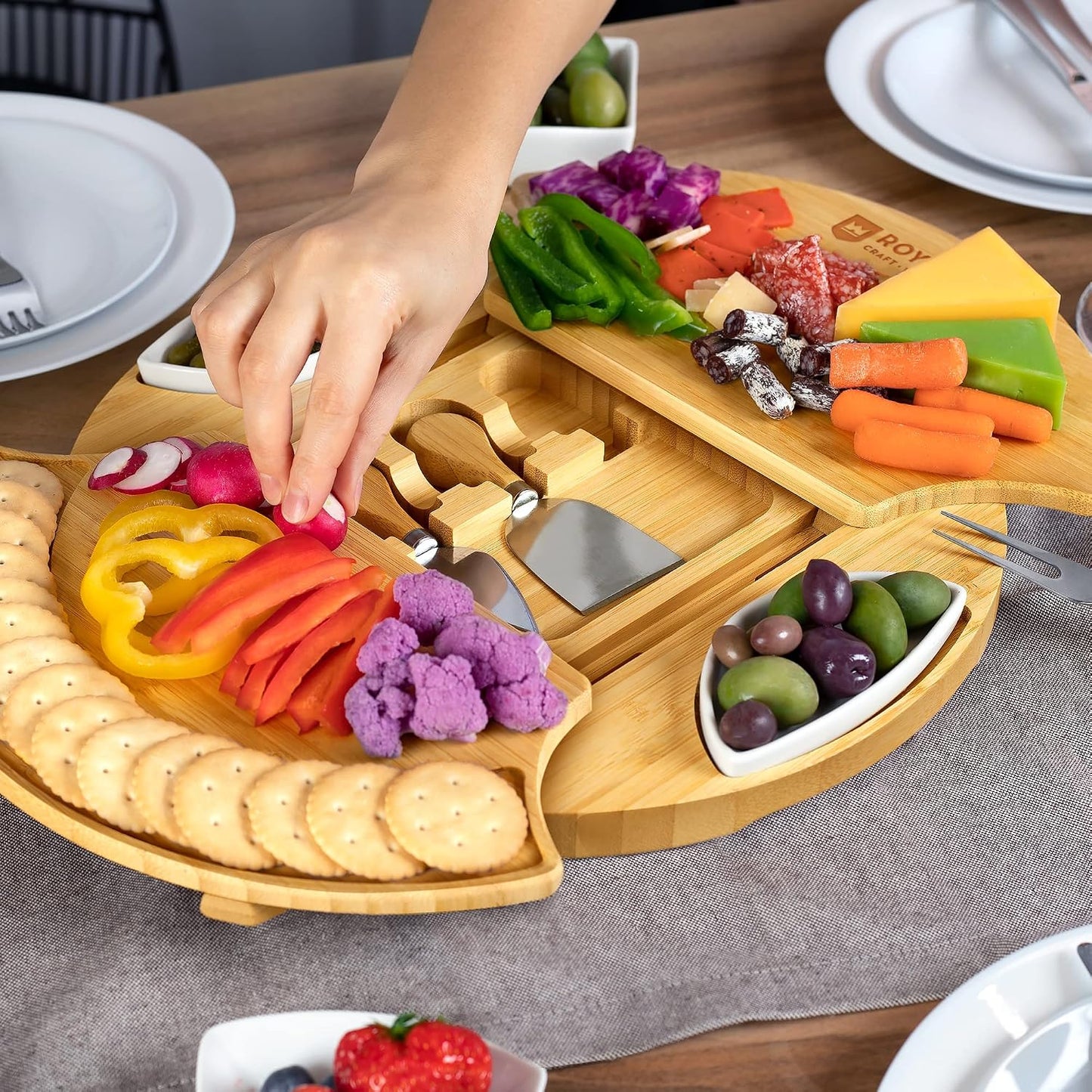 ROYAL CRAFT WOOD Premium Bamboo Charcuterie Board Set - Cheese Platter & Serving Tray & Serving Utensils - Perfect Housewarming Gift, Wedding, Bridal Shower Gift - Ideal for Entertaining and New Home