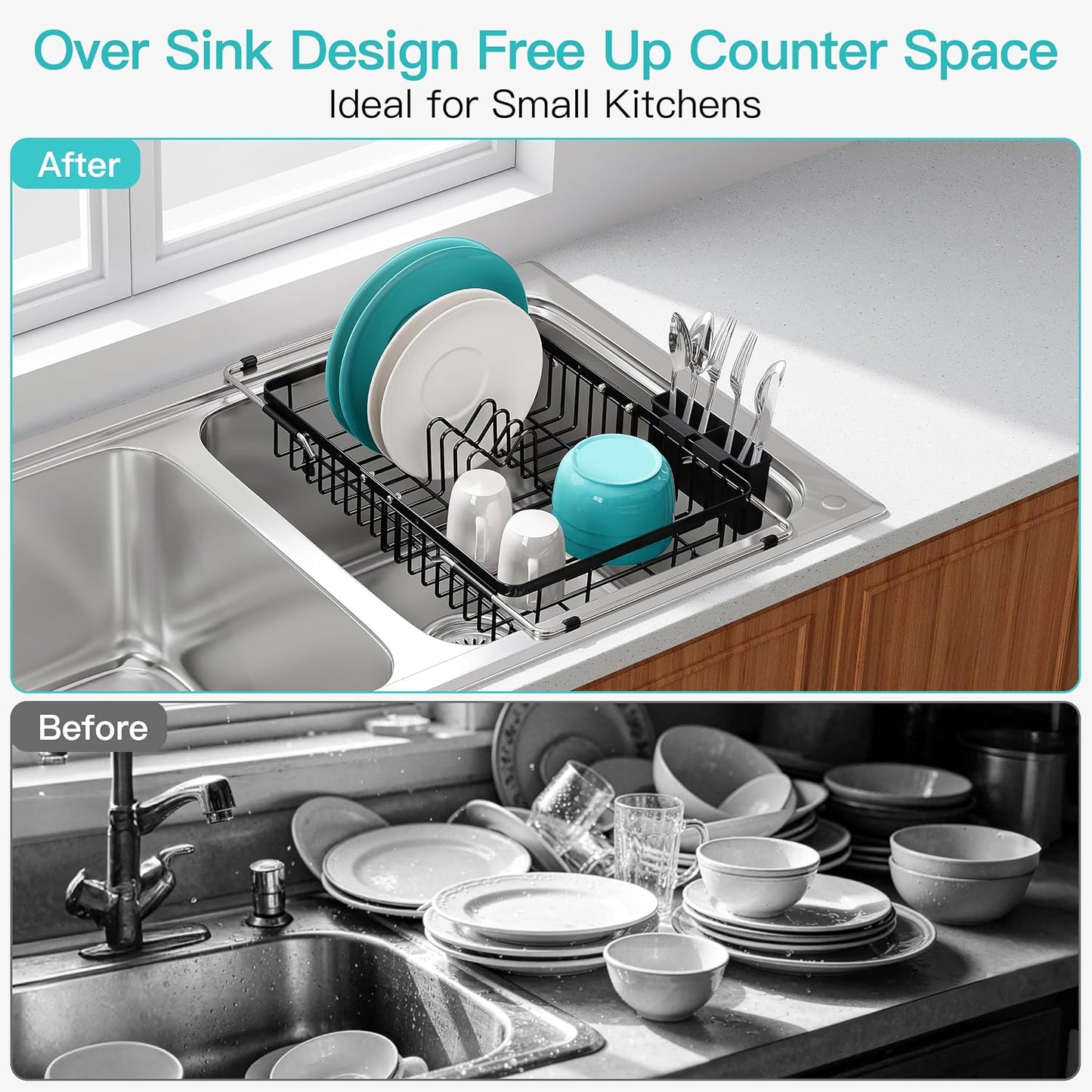 JASIWAY Dish Drying Rack in Sink, Expandable Stainless Steel Dish Drainers for Kitchen Counter, Dish Dryer Rack for Inside Sink, Over The Sink Dish Racks with Utensil Holder, Silver
