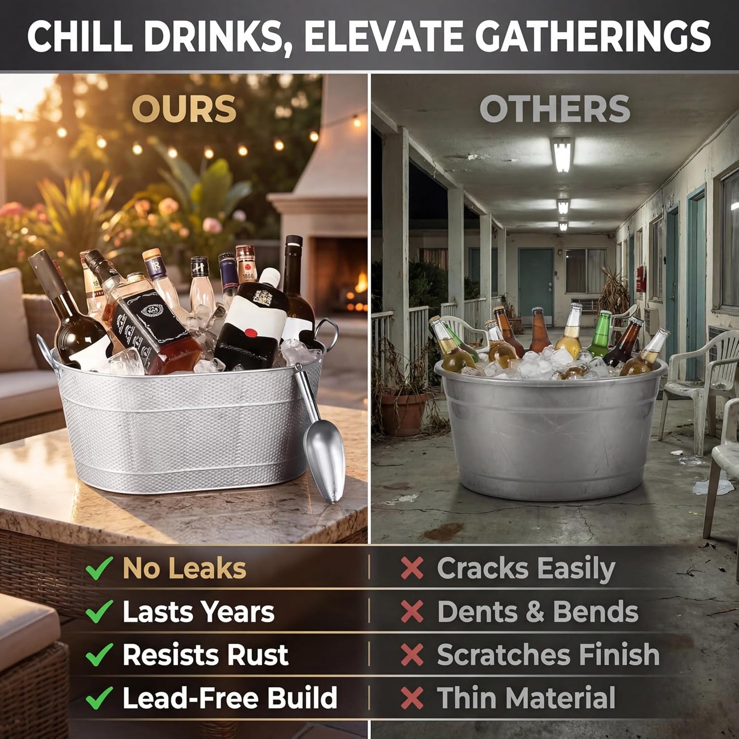 18” Stainless Steel Beverage Tub - 5 Gallon - Gold Handles & Shovel Included - Holds 30 Bottles & Stays Cold for Hours - Use as Wine Bottle Chiller to Beer Bucket Holder - Leak Proof (Gold)