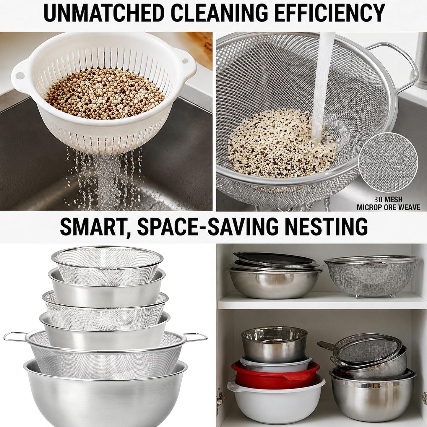 304 Stainless Steel Colander Set, 1.5QT Colander with Bowl, 30-Mesh Micro Perforated Strainer for Rice, Quinoa, Pasta, Fruits & Vegetables,2 pack
