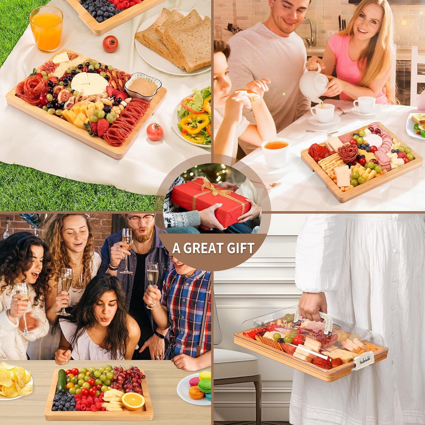 CAWIU Portable Travel Charcuterie Board with Lid and Handle - Large Bamboo Cheese Board with 4 Cheese Knife Set for Outdoor, Picnics - Weddings, House Warming Gift for Women (1 Compartment, White)