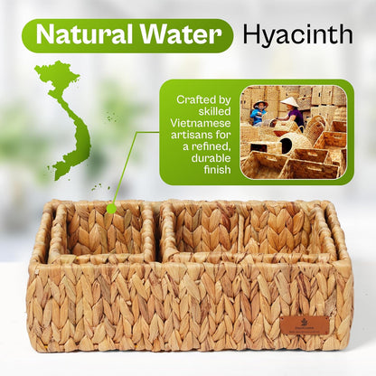 Storage Baskets for Shelves Set of 3, Open-Top Wicker Storage Bins with Handles, Shelf Organizer Baskets for Pantry, Closet & Bathroom, Water Hyacinth Baskets with Tissue Box Cover