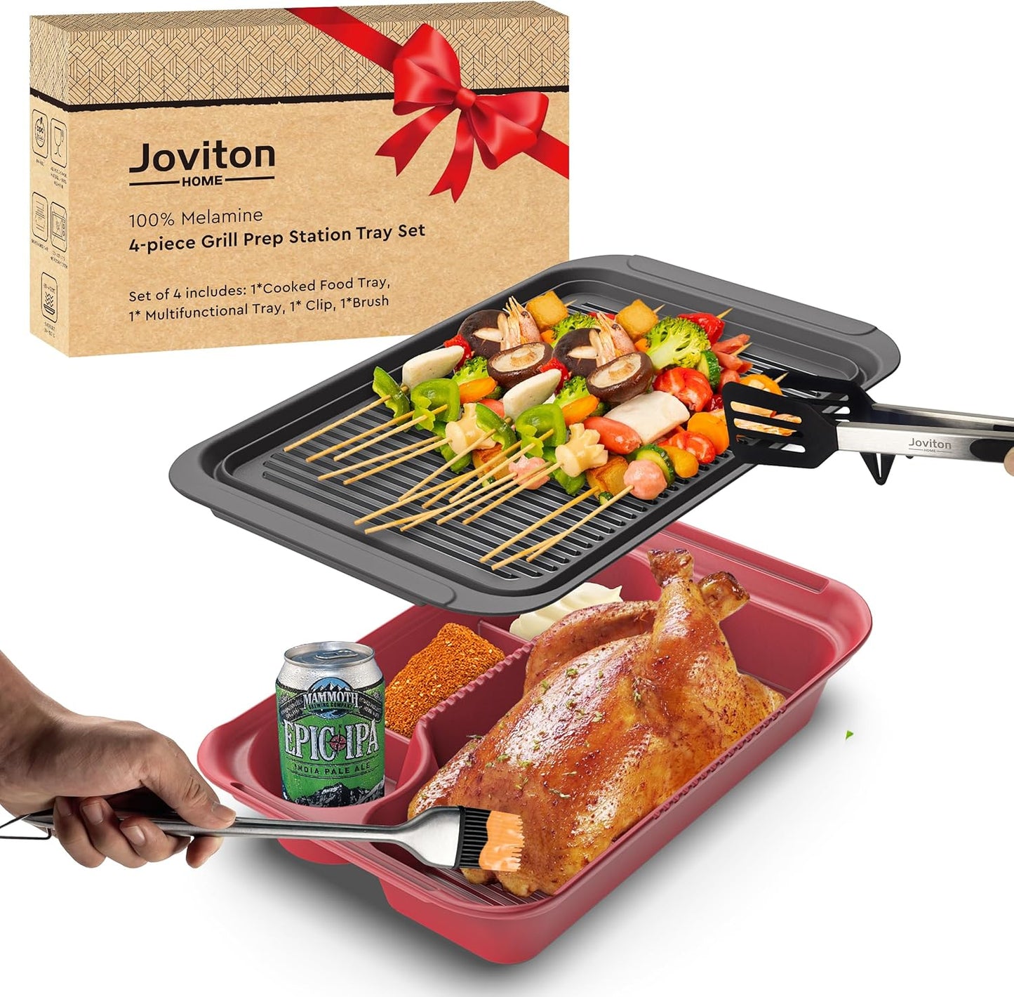 4PCS Plastic Melamine Grill Carry Prep System Tray Set, Marinating Plate for Plating Food & BBQ Prep Tub for Marinating Meats, BBQ Grill Prep Trays