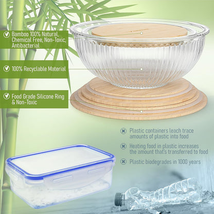 Set of 4 Stackable Space-Saving Nesting Glass Bowls with Airtight Acacia Lids for Lunch, Meal & Food Prep - Microwave & Oven-ready BPA Free Durable Heat Resistant Inert Borosilicate Glass