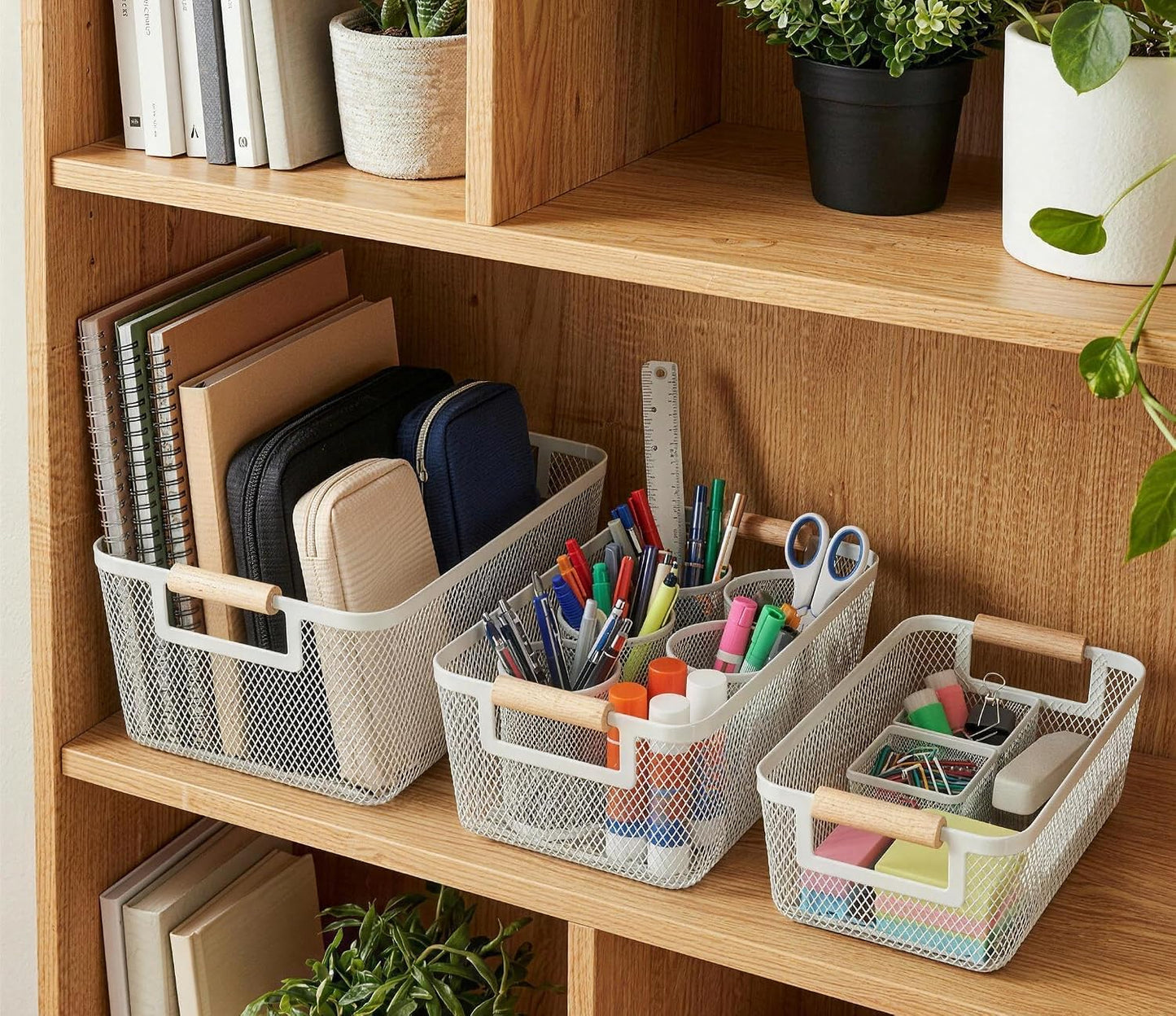 2-Pack Metal Mesh Basket, Large Wire Storage Organizer with Wood Handle for Kitchen Pantry, Bathroom, Cabinet, Closet, Picnic & Home Organization, Large, Black
