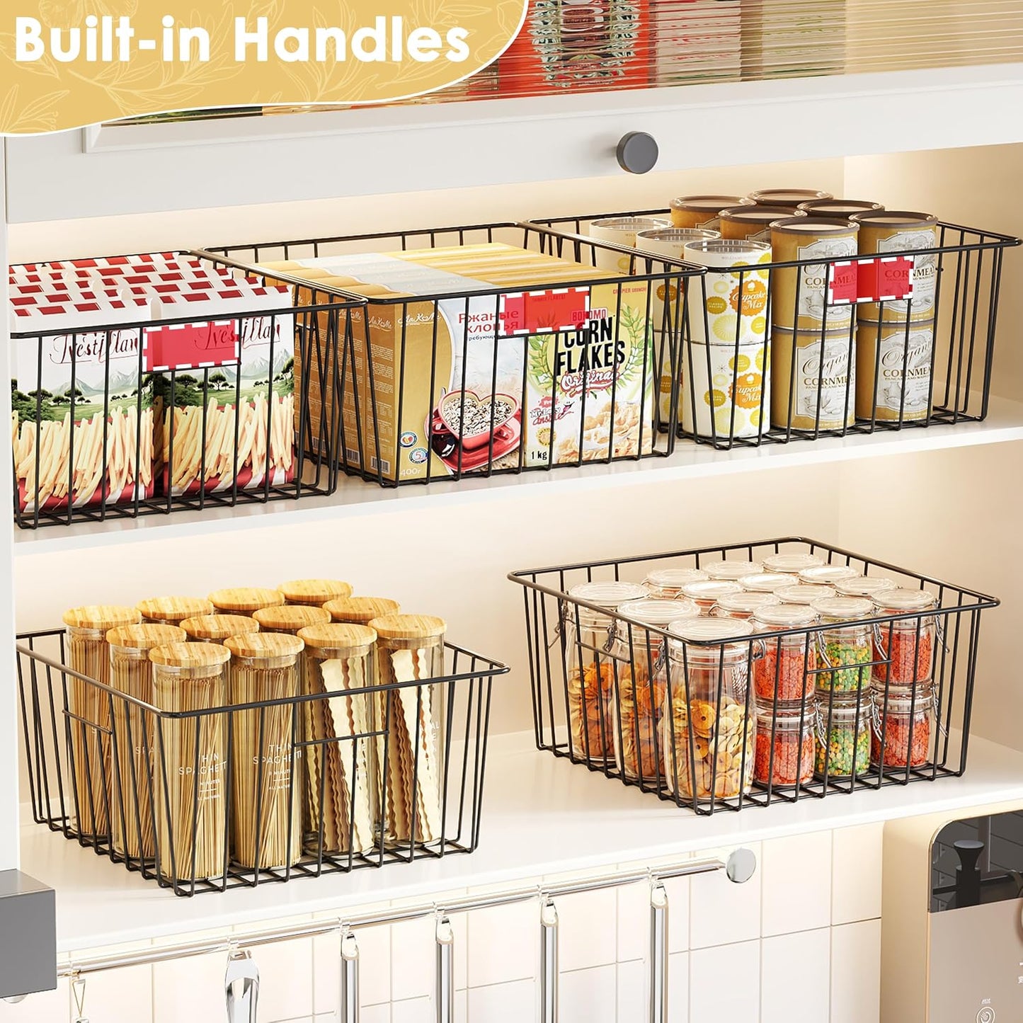 X-cosrack Metal Wire Basket Pantry Baskets Foldable Cabinet Organizers with Handles-6 Pack-12"x9"x6", Food Storage Freezer Organizer Bins for Kitchen Bathroom Laundry Closet Garage - Patent Design