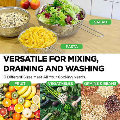 Premium 18/8 304 Stainless Steel Micro-Perforated Small and Big Colander Set of 4 with rings - 3.5-5.5-7.5-9.5 Quart Set, Self-Draining Solid Base for Pasta, Fruits, Vegetables