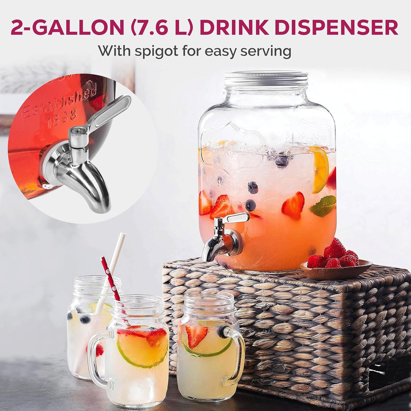 FineDine Glass Drink Dispenser with Stand & Stainless Steel Spigot – 1 Gallon drink dispensers for parties, glass beverage dispenser Set, punch bowl for Lemonade, Juice, Infused Water & More, 2 Pack