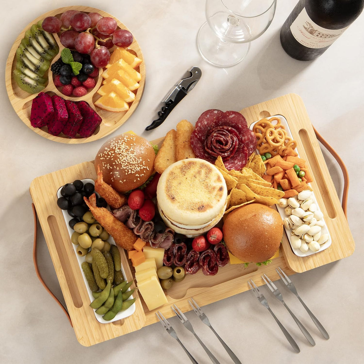 Bamboo Charcuterie Board Set with Magnetic Side Trays | Large Cheese Platter with Knives & Bowls | Unique Housewarming, Wedding & Birthday Gift for Entertaining
