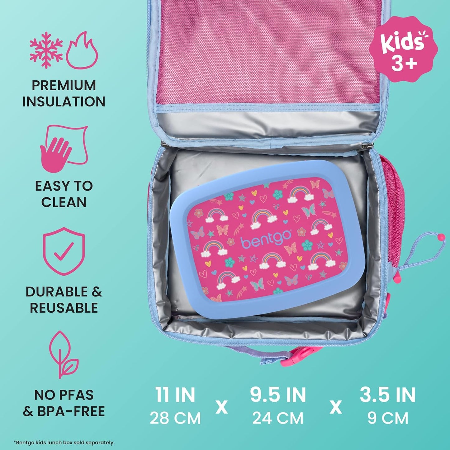 Bentgo Kids Lunch Bag - Durable, Double-Insulated Lunch Bag for Kids 3+; Holds Lunch Box, Water Bottle, & Snacks; Easy-Clean Water-Resistant Fabric & Multiple Zippered Pockets (Mermaid)
