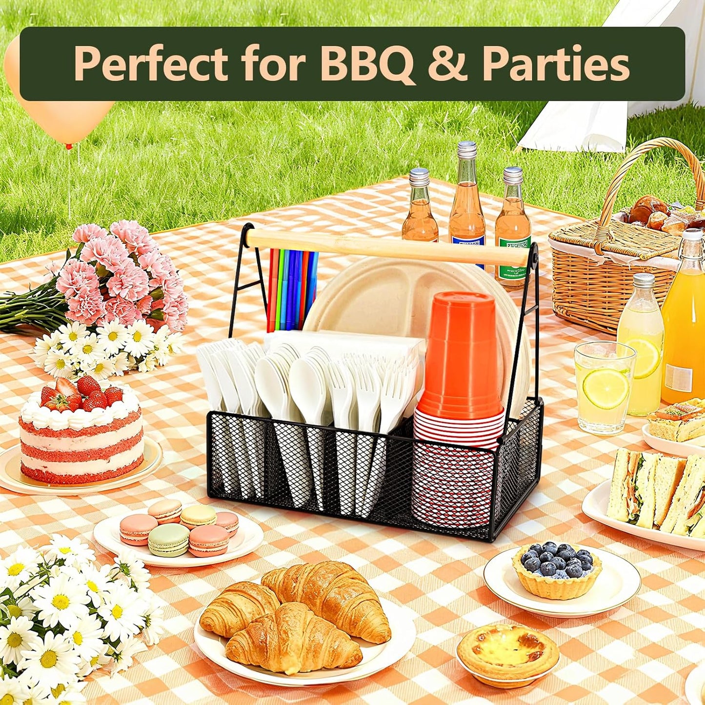 Metal Silverware Caddy for Countertop – 7 Compartment Paper Plate and Utensil Organizer with Side Handles – Cutlery Holder for Party, Buffet, Picnic, or Kitchen Table