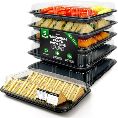 6 Pack Catering Trays with Lids – 13" Serving Tray with Lid, Heavy Duty Recyclable Plastic Party Platters for Catering, Buffet, Picnics & Events – Food Trays with Clear Lid (13.39 × 9.84 × 2.95 inch)