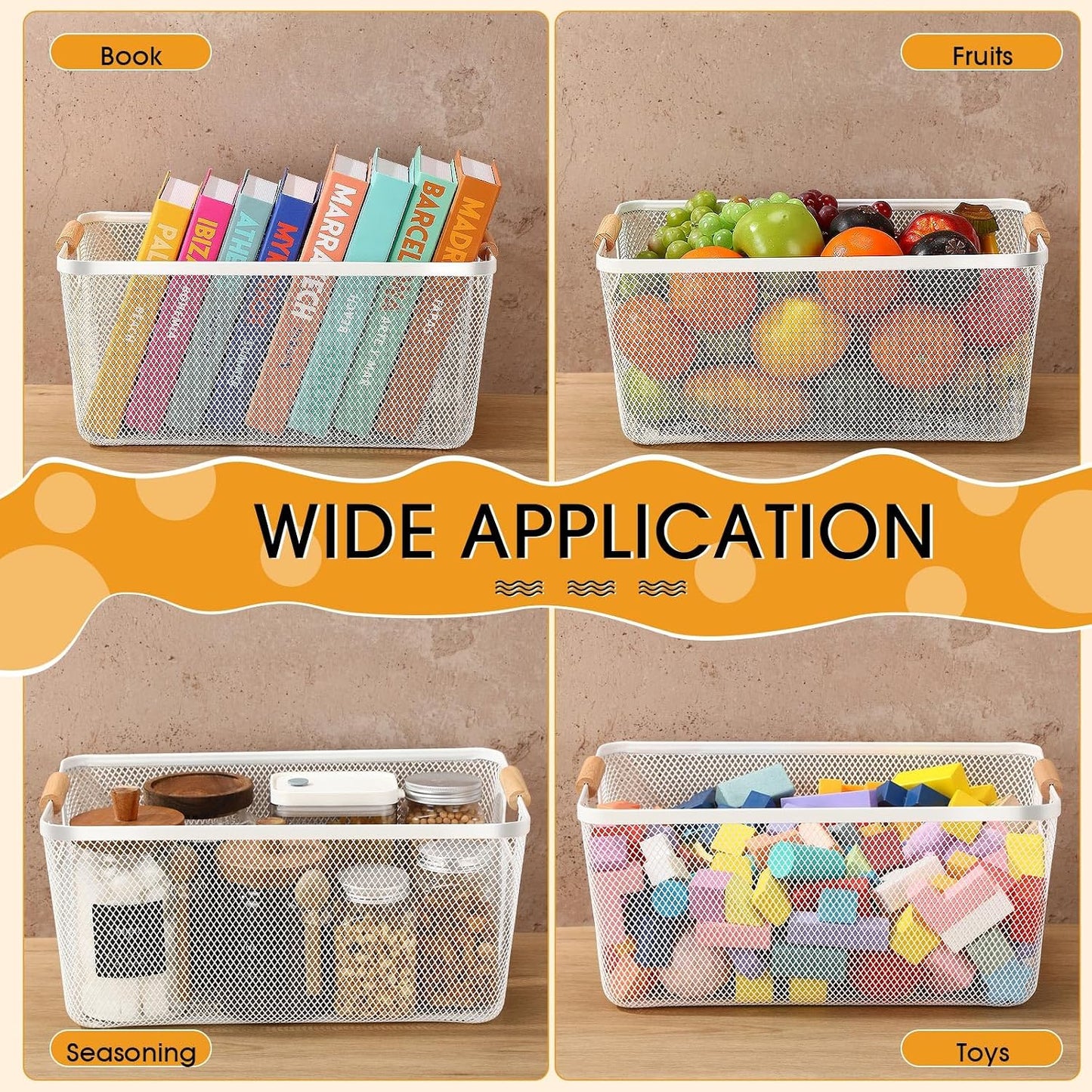 Ziliny 4 Pcs Metal Mesh Wire Baskets with Wooden Handles for Organizing, Pantry Organizers and Storage Steel Bin Kitchen Baskets for Fruit Potato Onion Snacks Bathroom Cabinet(Medium,Cream White)