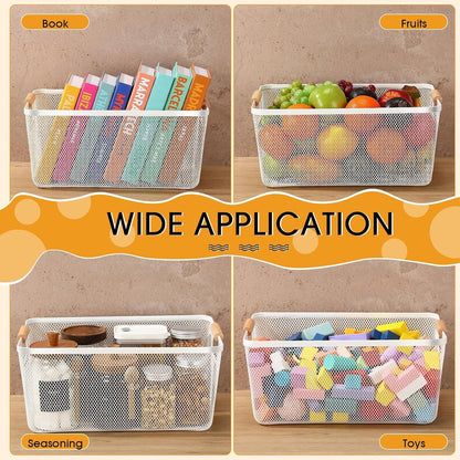 Ziliny 4 Pcs Metal Mesh Wire Baskets with Wooden Handles for Organizing, Pantry Organizers and Storage Steel Bin Kitchen Baskets for Fruit Potato Onion Snacks Bathroom Cabinet(Medium,Cream White)