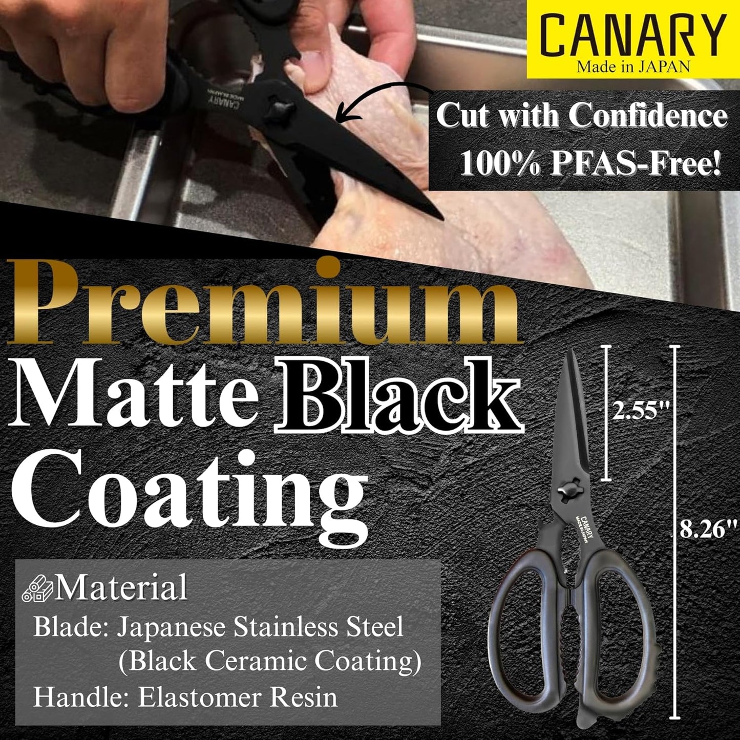 CANARY Japanese Kitchen Scissors Heavy Duty 8.2", Made in JAPAN, Dishwasher Safe Come Apart Blade, Multipurpose Kitchen Scissors, Sharp Serrated Japanese Stainless Steel, Black