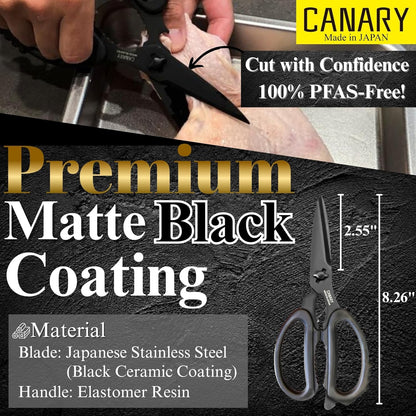 CANARY Japanese Kitchen Scissors Heavy Duty 8.2", Made in JAPAN, Dishwasher Safe Come Apart Blade, Multipurpose Kitchen Scissors, Sharp Serrated Japanese Stainless Steel, Black