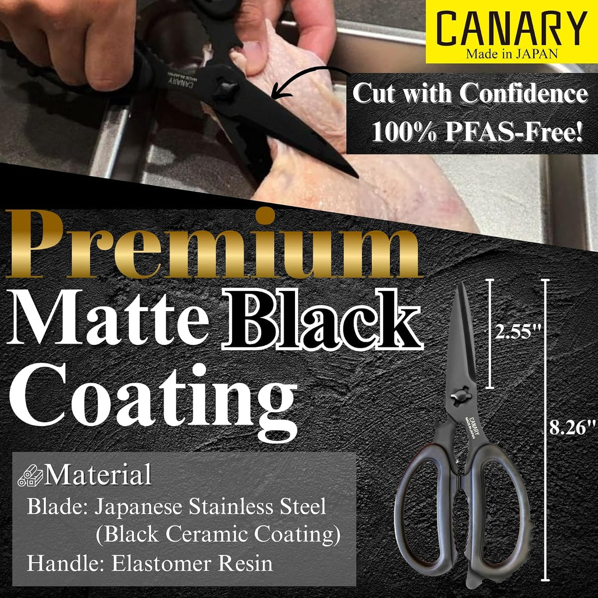 CANARY Japanese Kitchen Scissors Heavy Duty 8.2", Made in JAPAN, Dishwasher Safe Come Apart Blade, Multipurpose Kitchen Scissors, Sharp Serrated Japanese Stainless Steel, Black