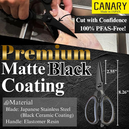 CANARY Japanese Kitchen Scissors Heavy Duty 8.2", Made in JAPAN, Dishwasher Safe Come Apart Blade, Multipurpose Kitchen Scissors, Sharp Serrated Japanese Stainless Steel, Black