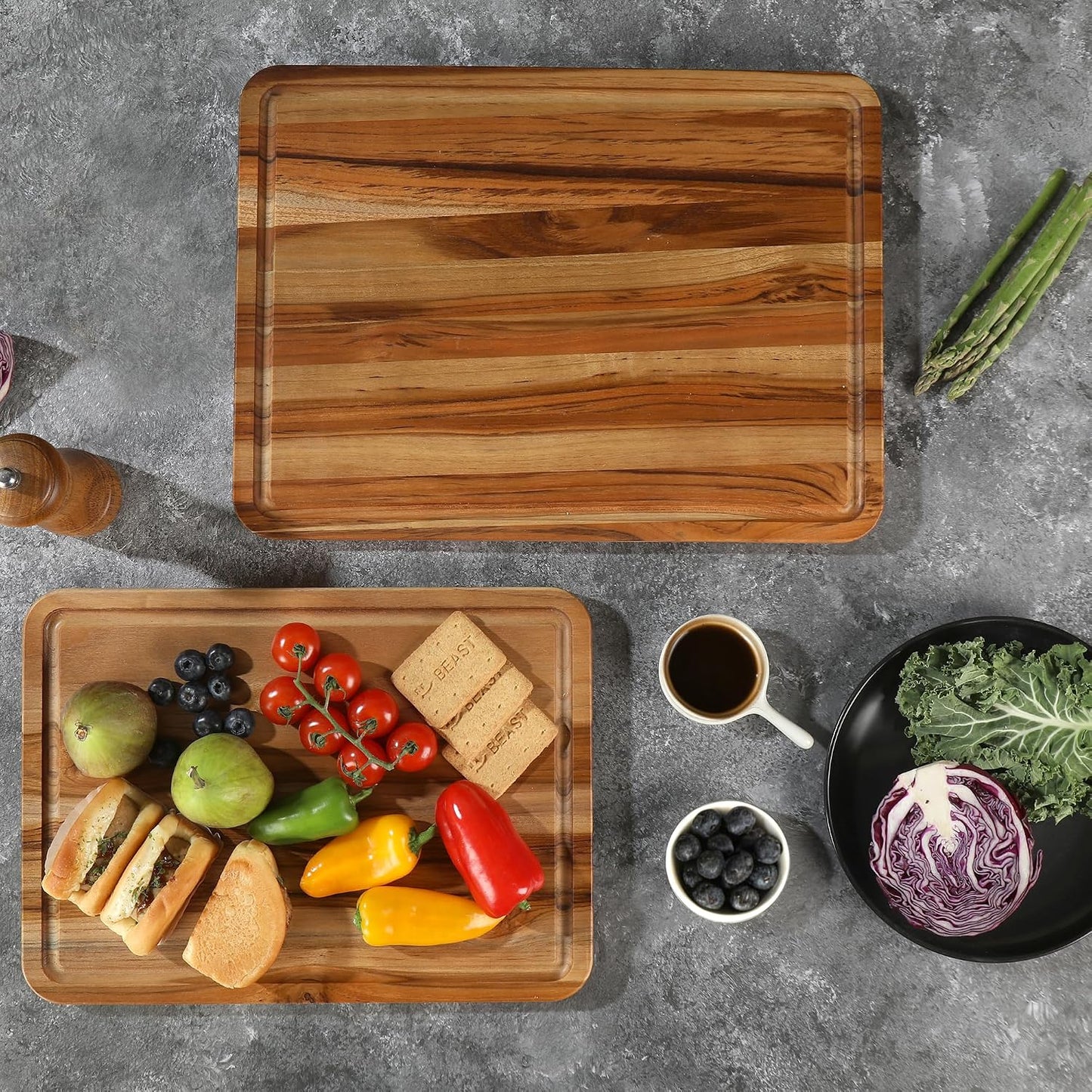 3 Pack Teak Cutting Board Set for Kitchen Wood Charcuterie Board with Juice Groove Wooden Cutting Boards Non Toxic Heavy Duty Slip Over Sink Solid Thick Chopping Board FSC