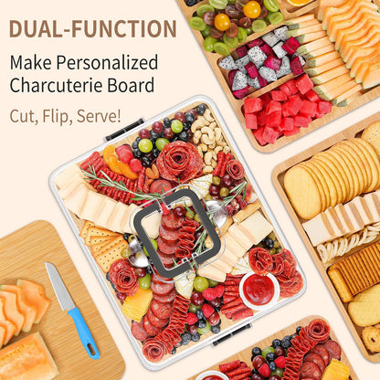 CAWIU Portable Travel Charcuterie Board with Lid and Handle - Large Bamboo Cheese Board with 4 Cheese Knife Set for Outdoor, Picnics - Weddings, House Warming Gift for Women (1 Compartment, White)