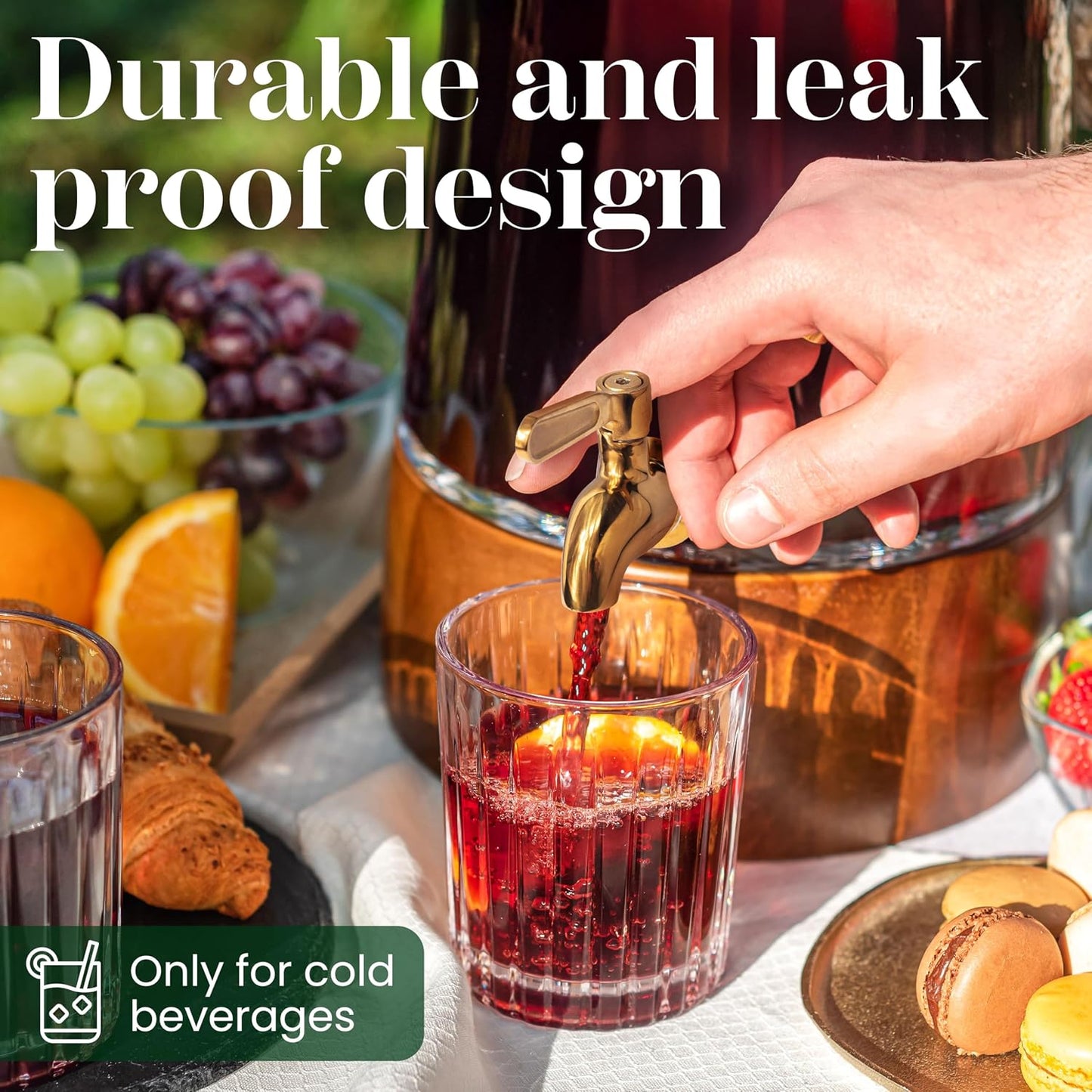 FOODLE Extra Large Glass Drink Dispenser with Spigot - Glass Beverage Dispenser with Stand - Perfect for Parties & Catering - Pitcher for Lemonade, Water, Sangria & Juice - Leakproof Spout - 3 Gallon