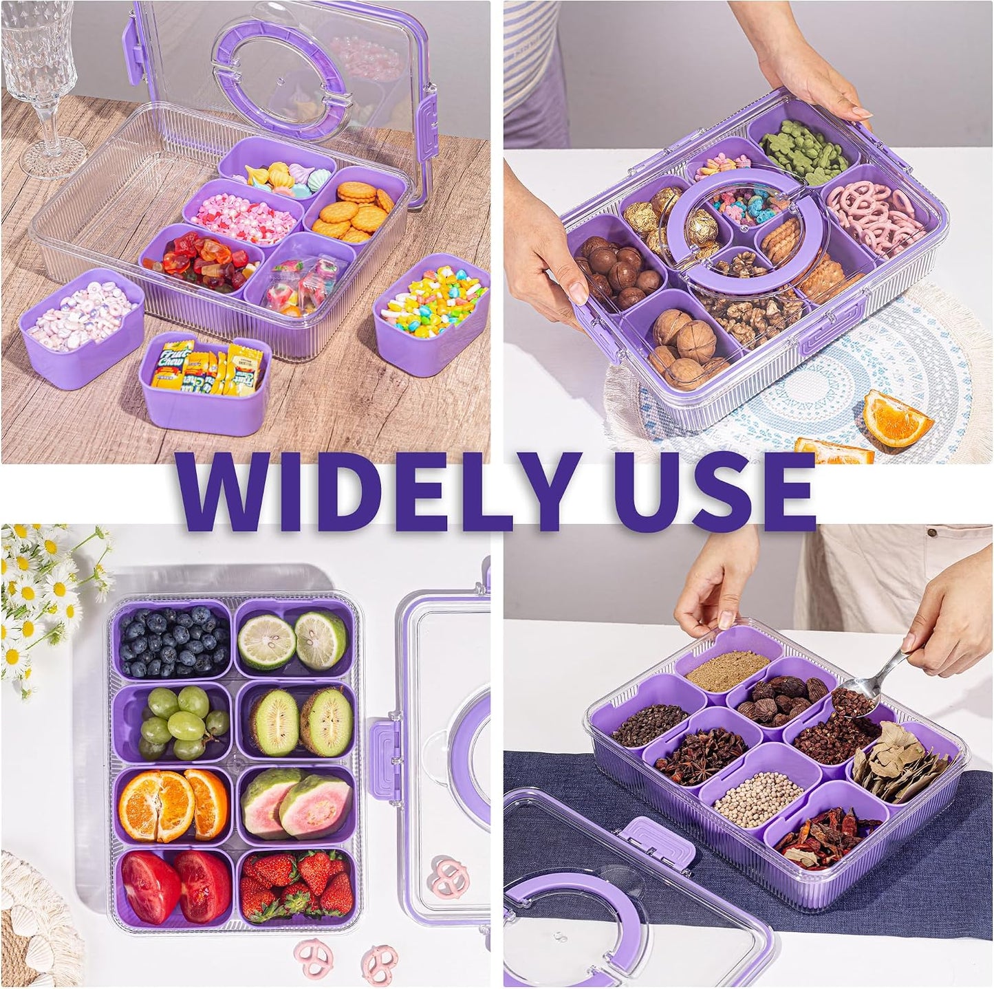 Patent Divided Serving Tray with Lid & Handle - Snackle Box Organizer for Charcuterie, Sandwiches, Veggies, Fruits, Candy - Portable Food Storage for Travel, Beach, Picnics（1 pcs, Orange）